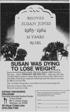 An ad by the Glendale Adventist Medical Center for an eating disorder crisis helpline.